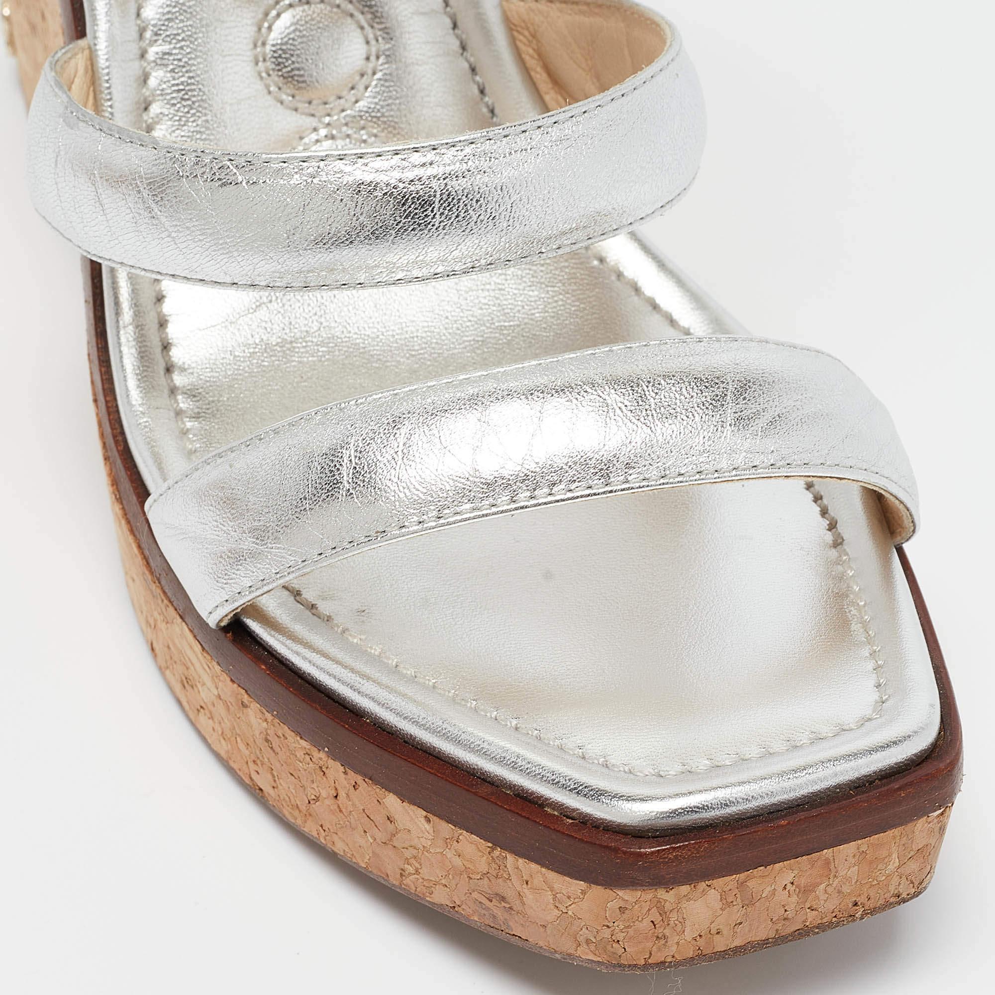 Jimmy Choo Silver Leather Athenia Wedge Sandals Size 39 2