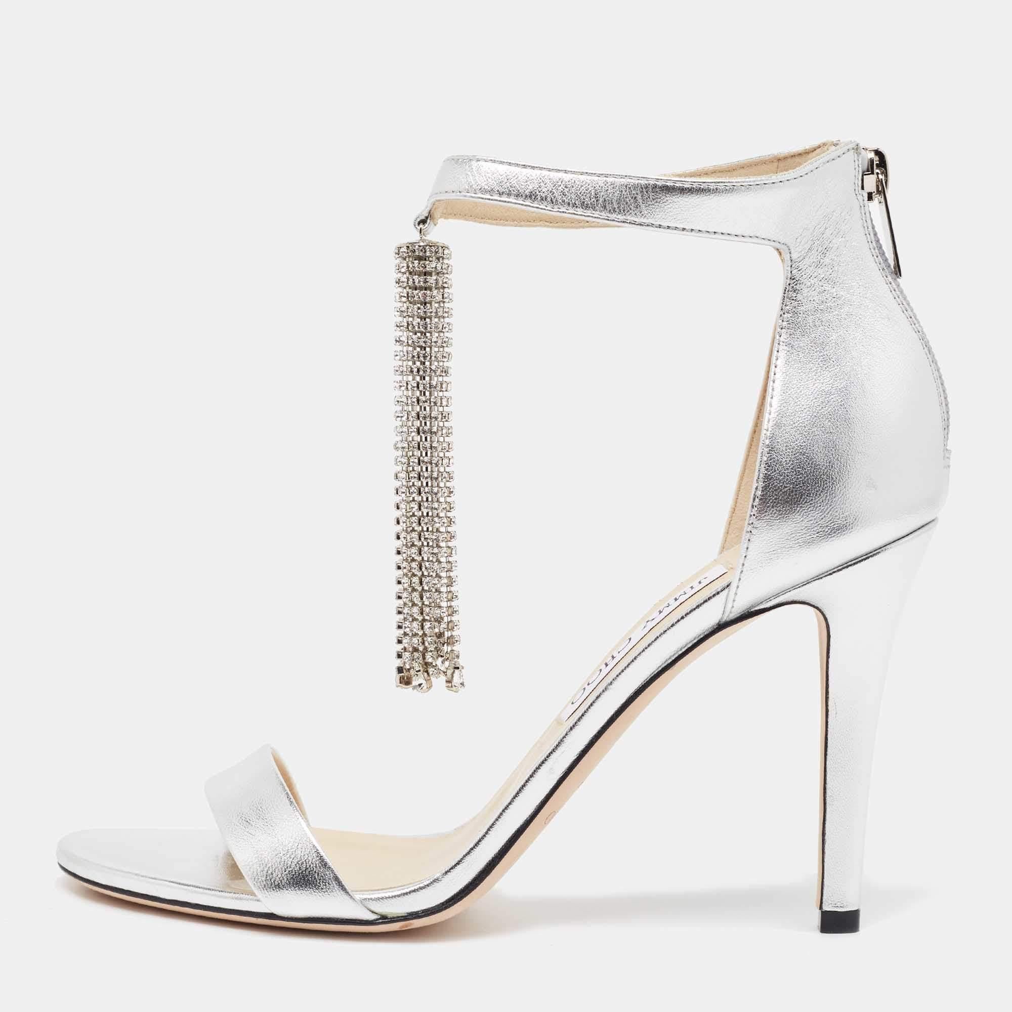 Women's Jimmy Choo Silver Leather Crystal Embellished Chandelier Sandals Size 40