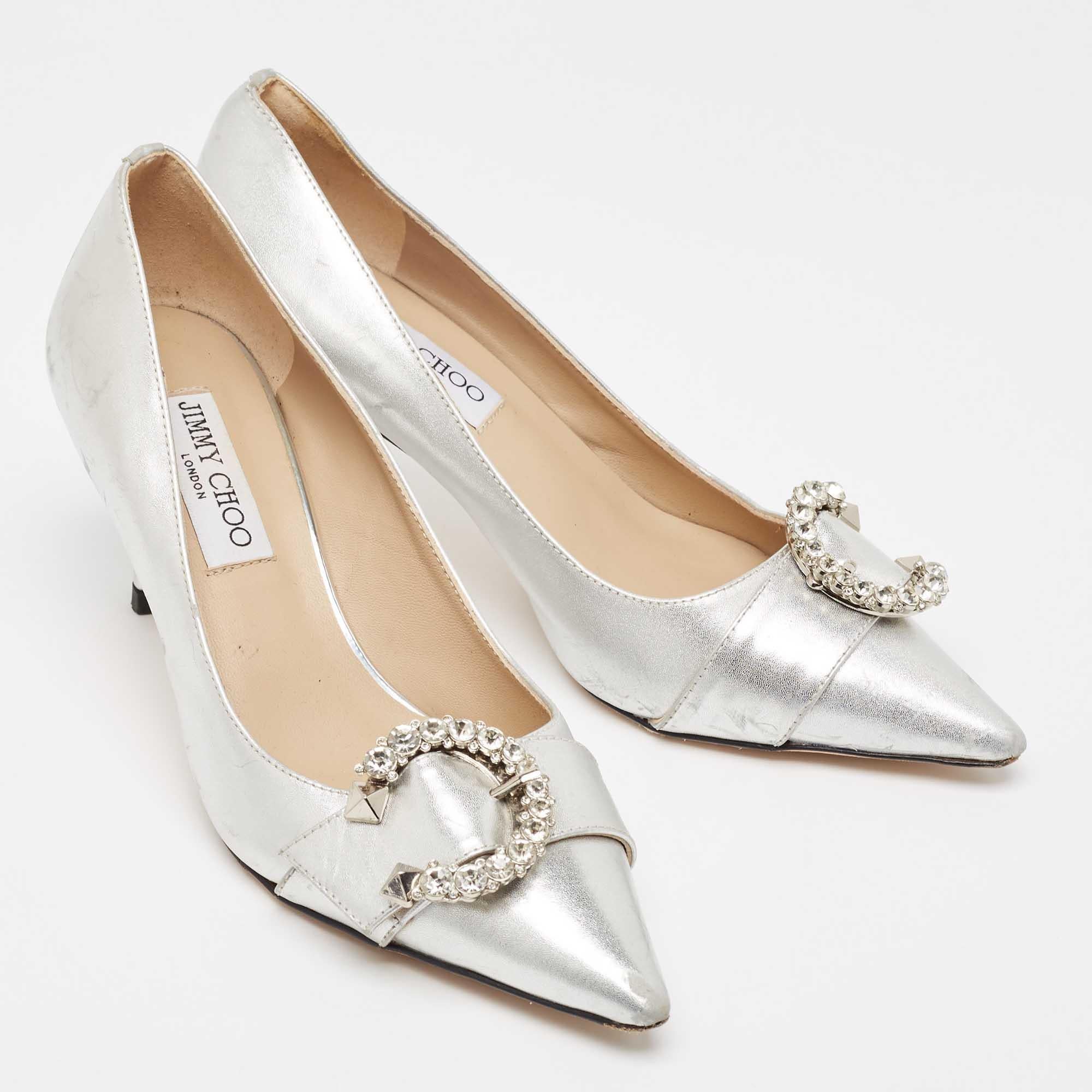 Women's Jimmy Choo Silver Leather Crystal Embellished Pointed Toe Pumps Size 37 For Sale