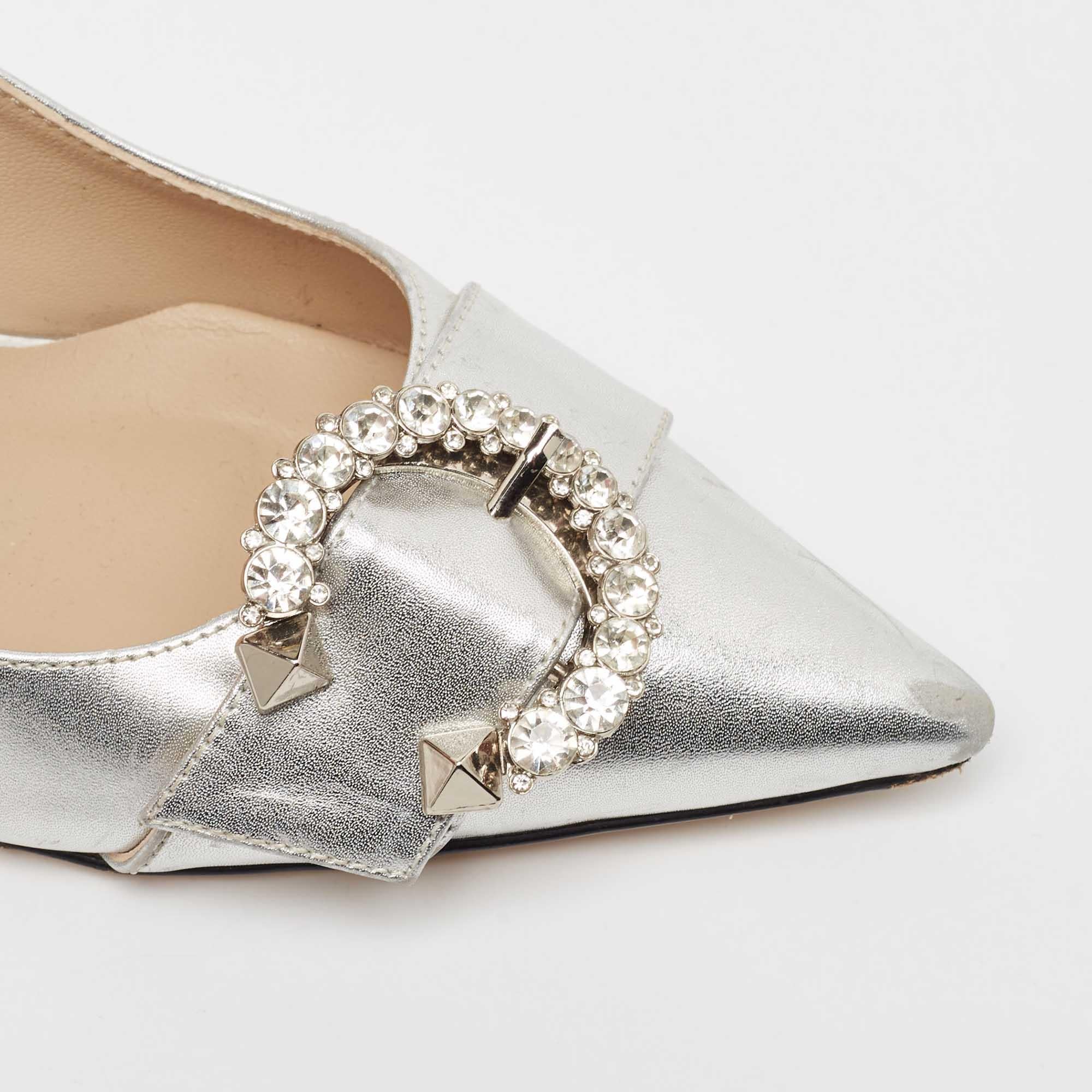 Jimmy Choo Silver Leather Crystal Embellished Pointed Toe Pumps Size 37 For Sale 3