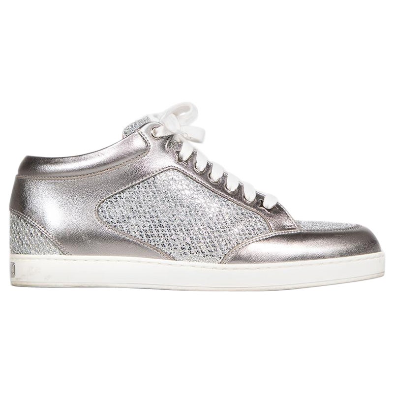 Jimmy Choo Silver Leather Glitter Panel Trainers Size IT 36.5