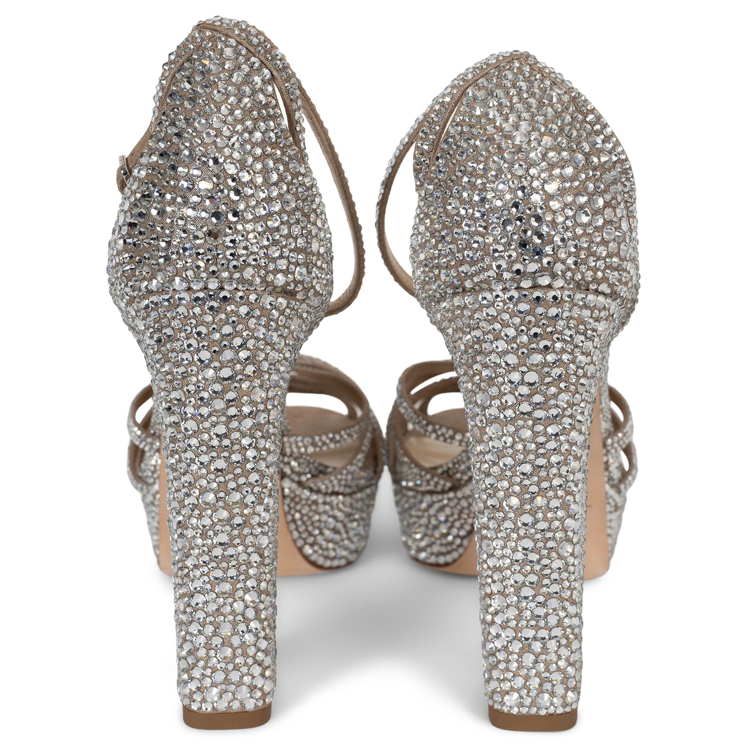 De las mujeres JIMMY CHOO cuero plateado ISRA 120 CRISTAL PLATAFORMA Sandalias Zapatos 41.5 en venta