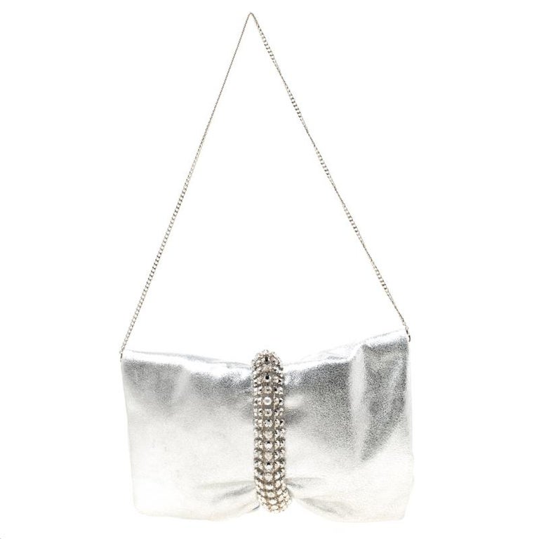 Jimmy Choo Silver Leather Maxi Crystal Bracelet Embellished Chandra ...
