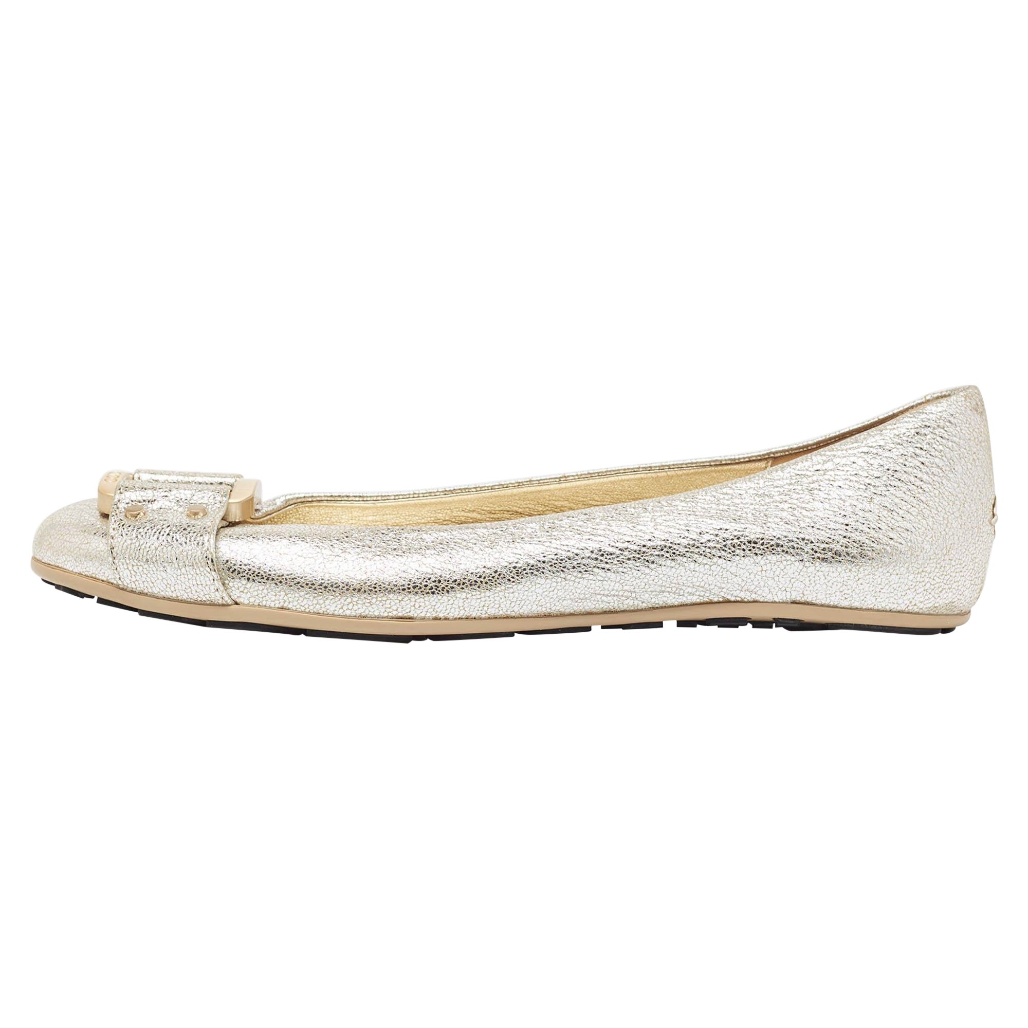 Jimmy Choo Silver Leather Morse Ballet Flats Size 38.5