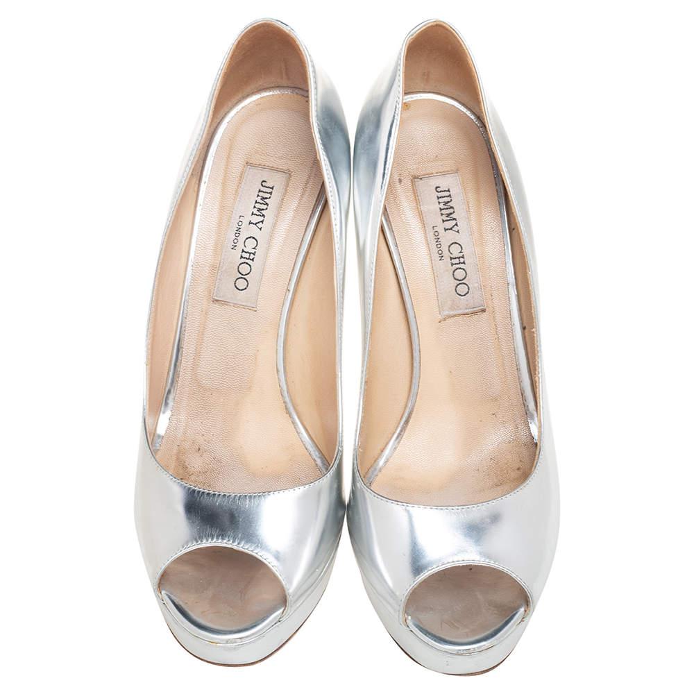 Beige Jimmy Choo Silver Leather Platform Peep Toe Pumps Size 38