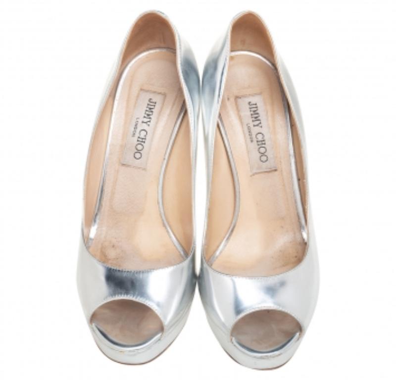 Women's Jimmy Choo Silver Leather Platform Peep Toe Pumps Size 38