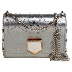 Jimmy Choo Silver Leather Studded Lockett Petite Shoulder Bag