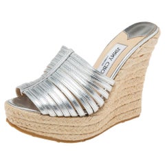 Jimmy Choo Silver Leather Wedge Espadrille Platform Slide Sandals Size 36