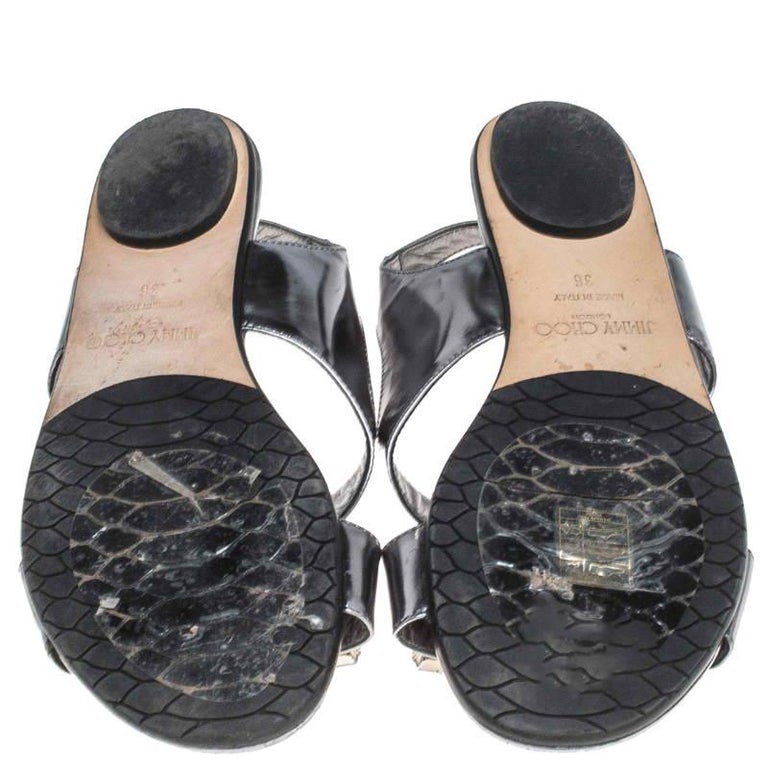 Jimmy Choo Silver Metallic Crystal Patent Leather Flat Sandals Size 36 ...