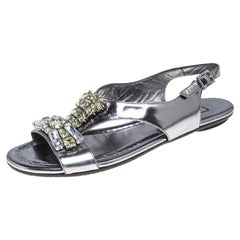 Jimmy Choo Silver Metallic Crystal Patent Leather Flat Sandals Size 36