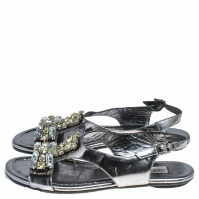 Jimmy Choo Silber Metallic Kristall Lackleder Slingback Flache Sandalen Größe 36 Damen im Angebot