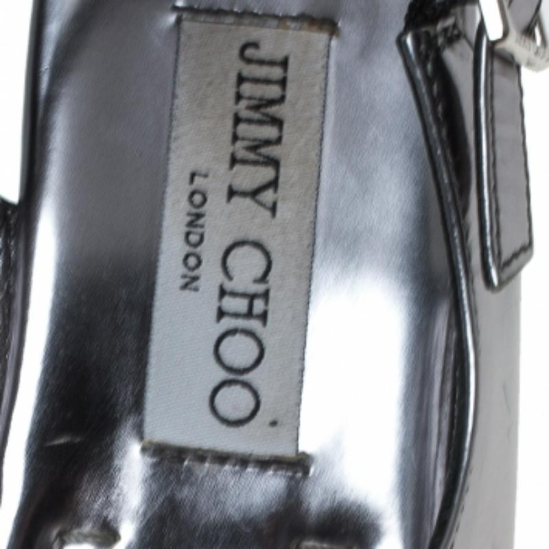 Jimmy Choo Silber Metallic Kristall Lackleder Slingback Flache Sandalen Größe 36 im Angebot 1