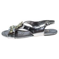 Jimmy Choo Silver Metallic Crystal Patent Leather Slingback Flat Sandals Size 36