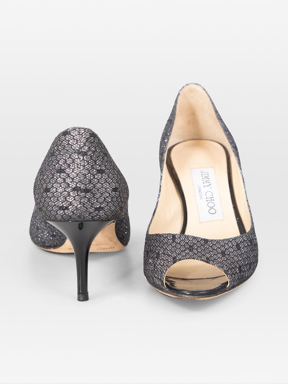 Jimmy Choo Zapatos de tacón plateados con puntera abierta y purpurina Talla IT 34 Beige en venta