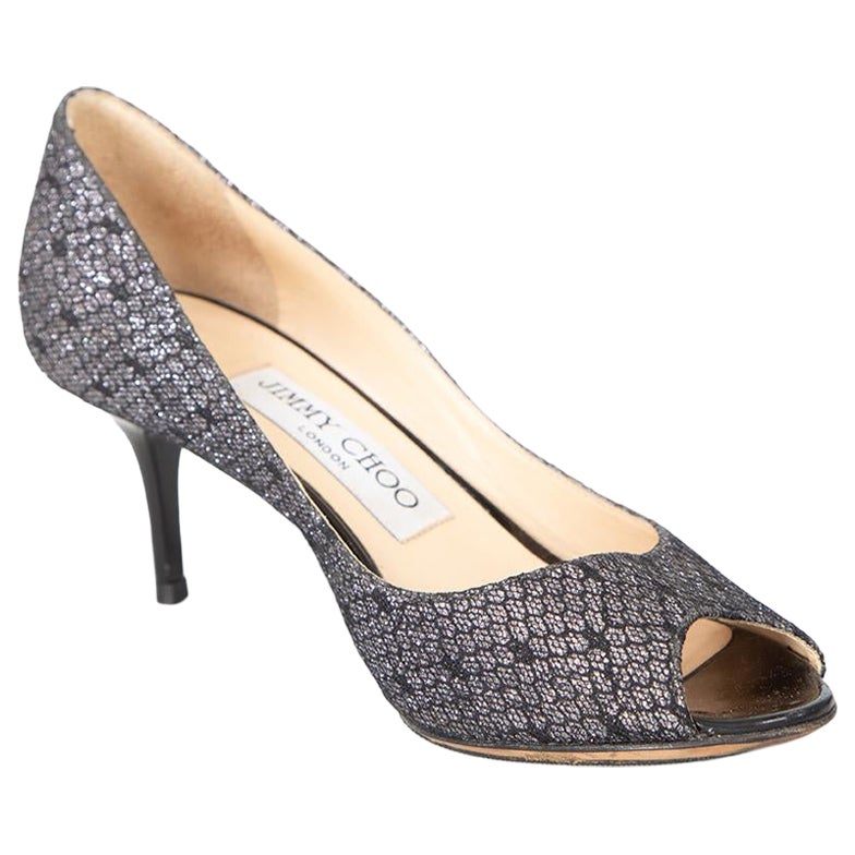 Jimmy Choo Silver Peep Toe Glitter Heels Size IT 34 For Sale