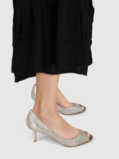 Jimmy Choo Silver Peep Toe Glitter Mid Heels Size IT 36.5