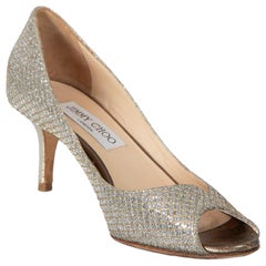 Jimmy Choo Silver Peep Toe Glitter Mid Heels Size IT 36.5