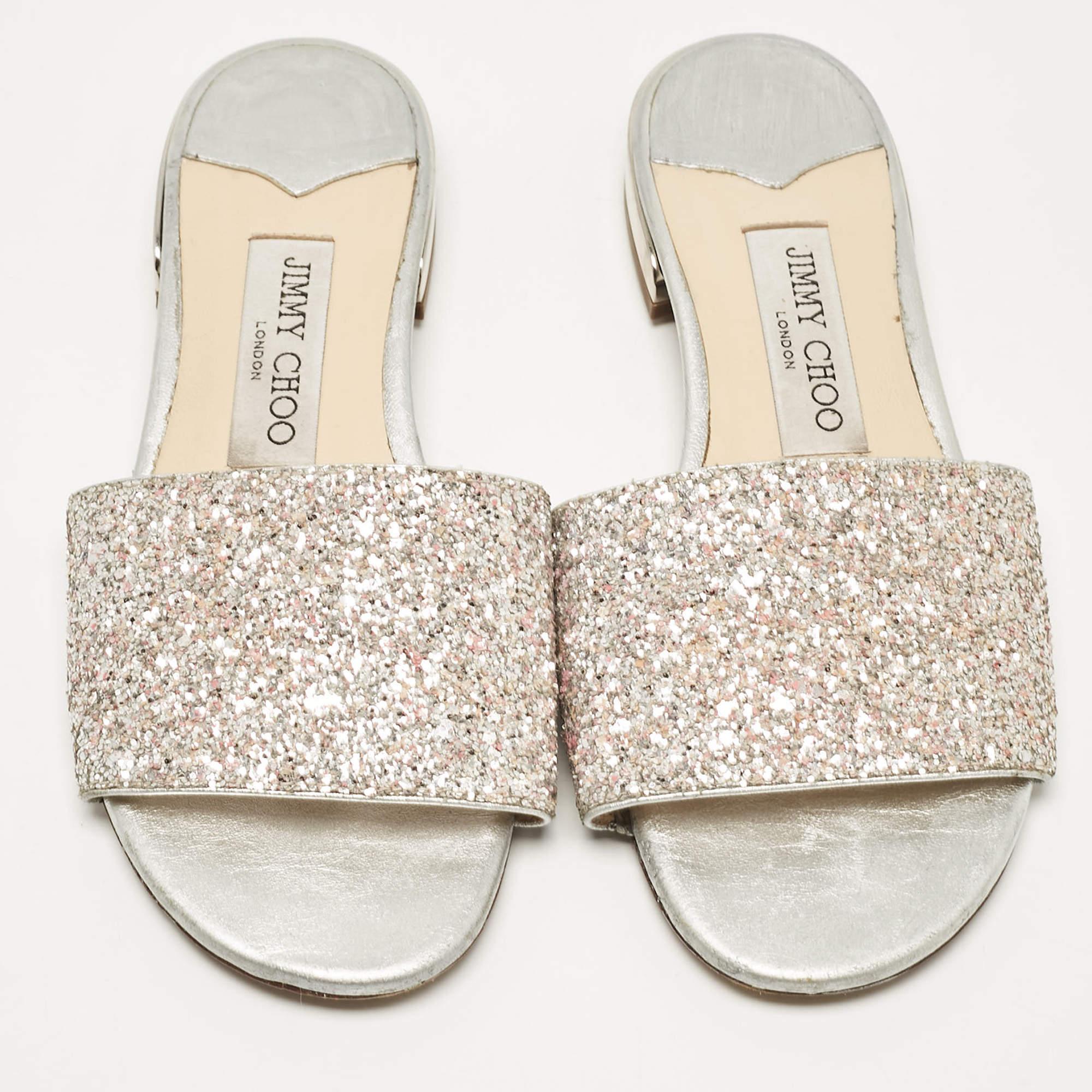 Beige Jimmy Choo Silver/Pink Glitter Joni Flat Slides Size 36 For Sale
