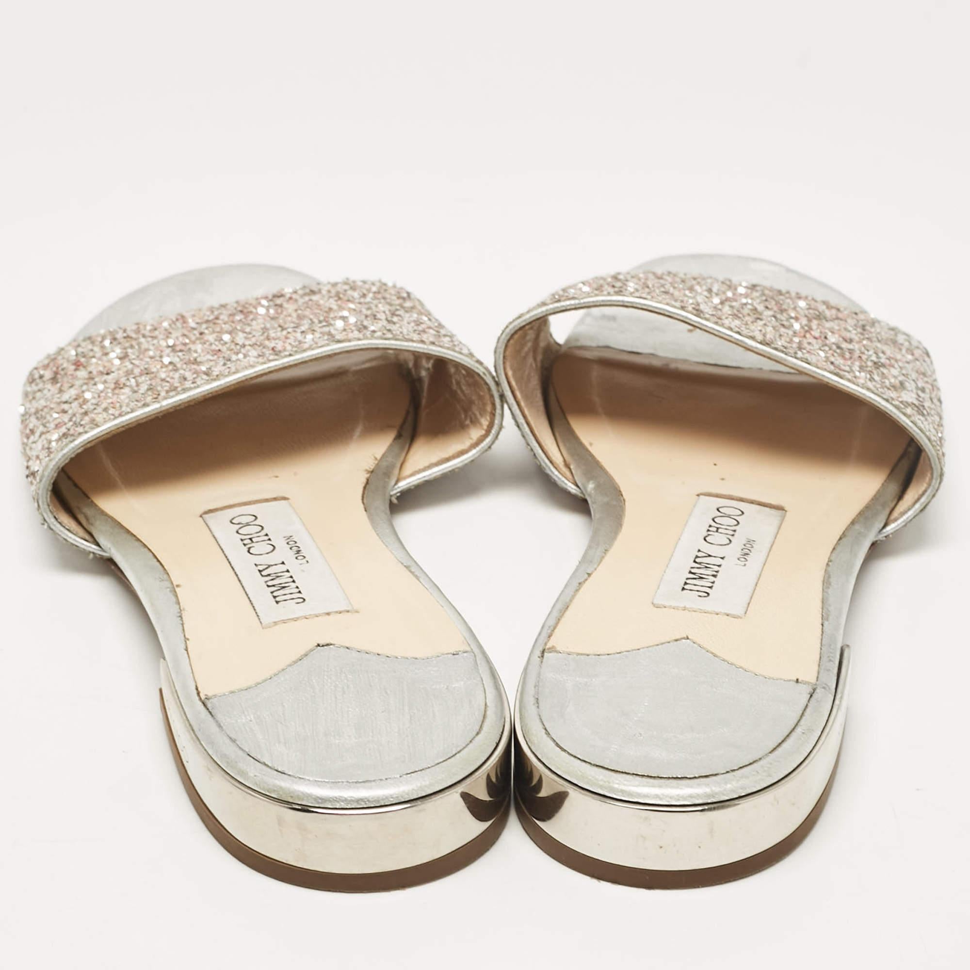 Women's Jimmy Choo Silver/Pink Glitter Joni Flat Slides Size 36 For Sale