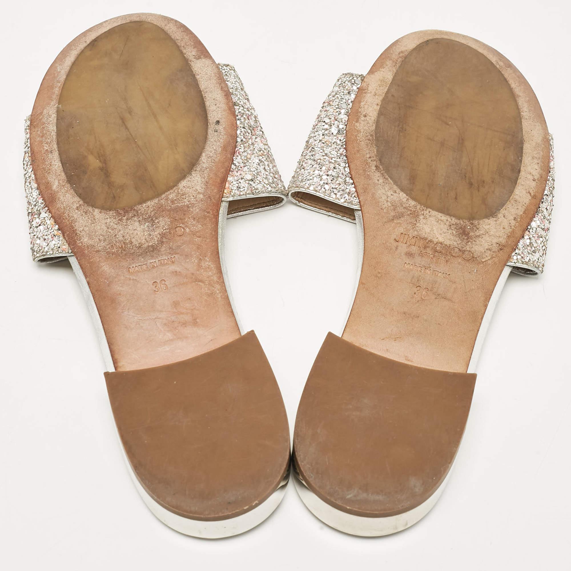 Jimmy Choo Silver/Pink Glitter Joni Flat Slides Size 36 For Sale 1