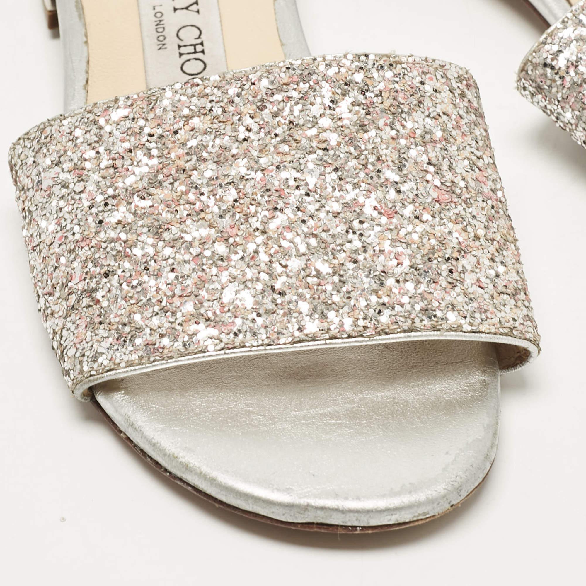 Jimmy Choo Silver/Pink Glitter Joni Flat Slides Size 36 For Sale 2