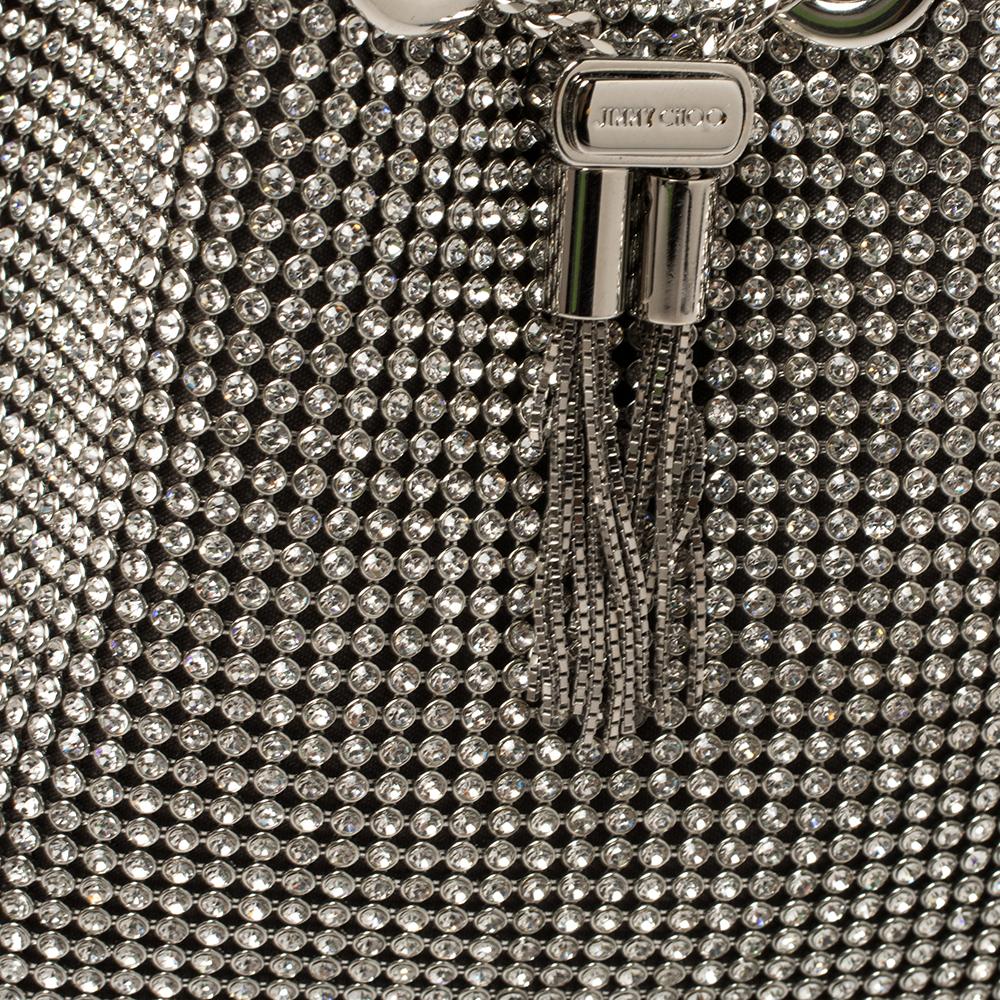 Jimmy Choo Silver Satin Crystal Mesh Bon Bon Bucket Bag In Excellent Condition In Dubai, Al Qouz 2