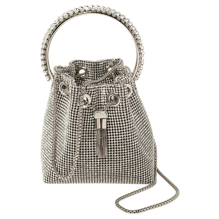 Jimmy Choo Silver Satin Crystal Mesh Bon Bon Bucket Bag at 1stDibs