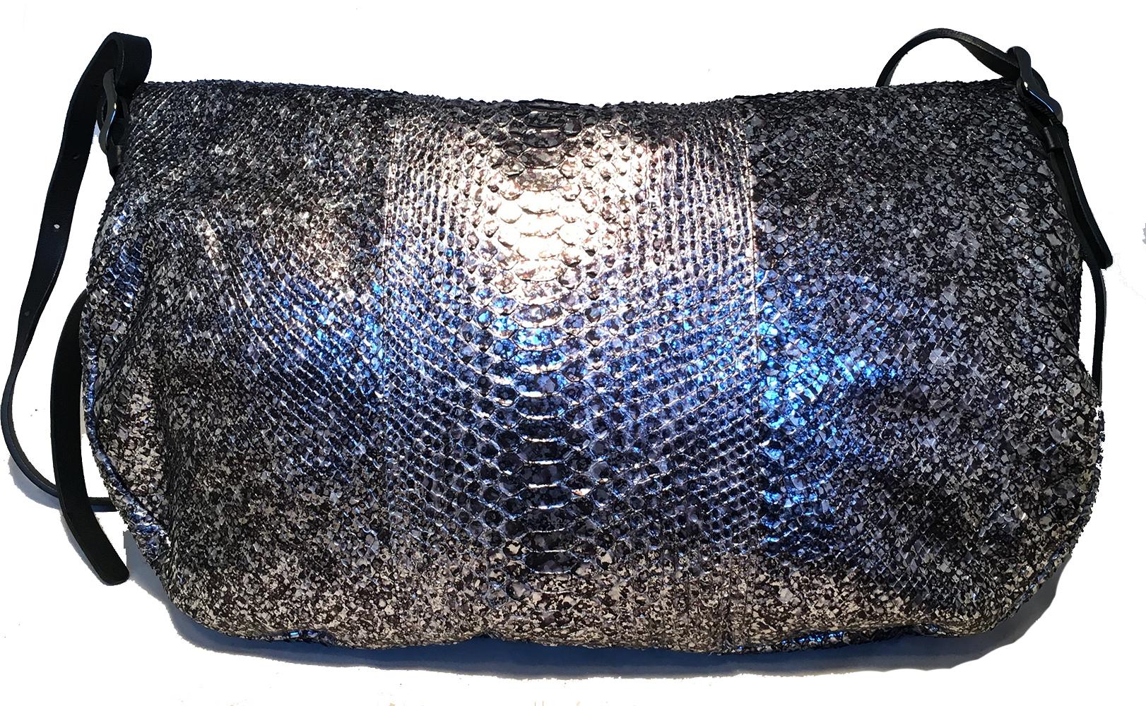 Jimmy Choo Silver Snakeskin Python Boho Biker Hobo Charm Shoulder Bag in excellent condition. Gorgeous silver python snakeskin exterior trimmed with black leather and gunmetal hardware. Unique fold over design with two separate storage compartments.