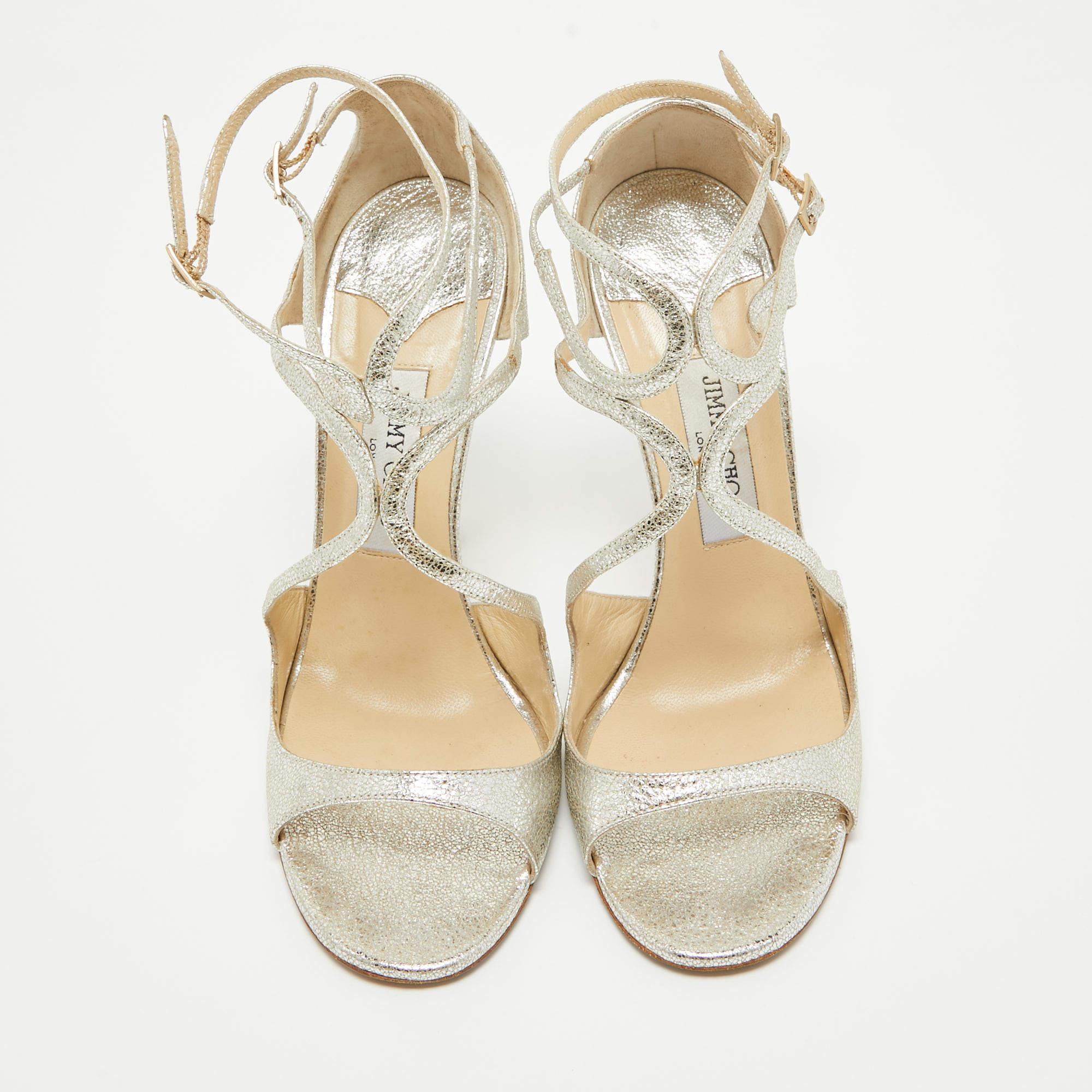 Jimmy Choo Silver Textured Leather Lance Sandals Size 40 For Sale 3