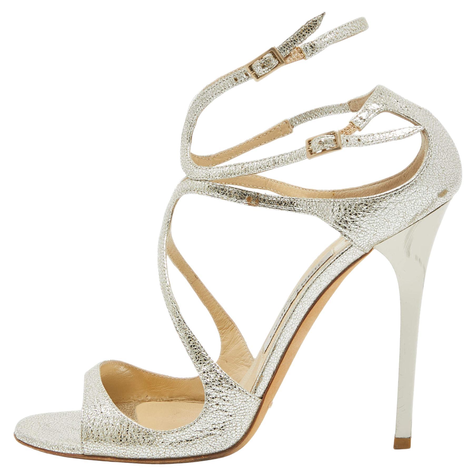 Jimmy Choo Silver Textured Leather Lance Sandals Size 40 For Sale