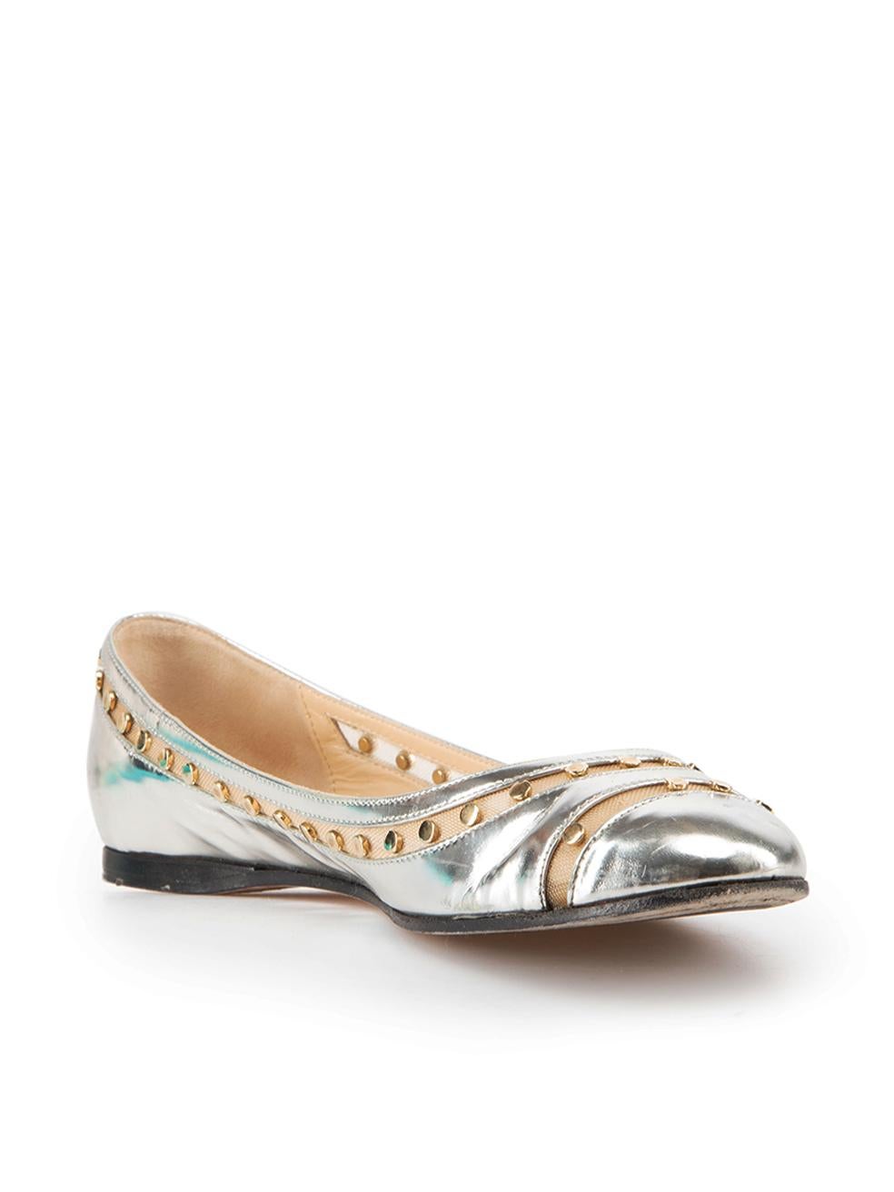 CONDITION is Good. General wear to ballet flats is evident. Moderate scratch marks to metallic leather, creasing to toe creases, general wear to outer sole and some studs missing on mesh detail on this used Jimmy Choo designer resale item. Original