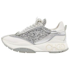 Jimmy Choo Silver/White Leather and Glitter Raine Lace Up Sneakers Size 41