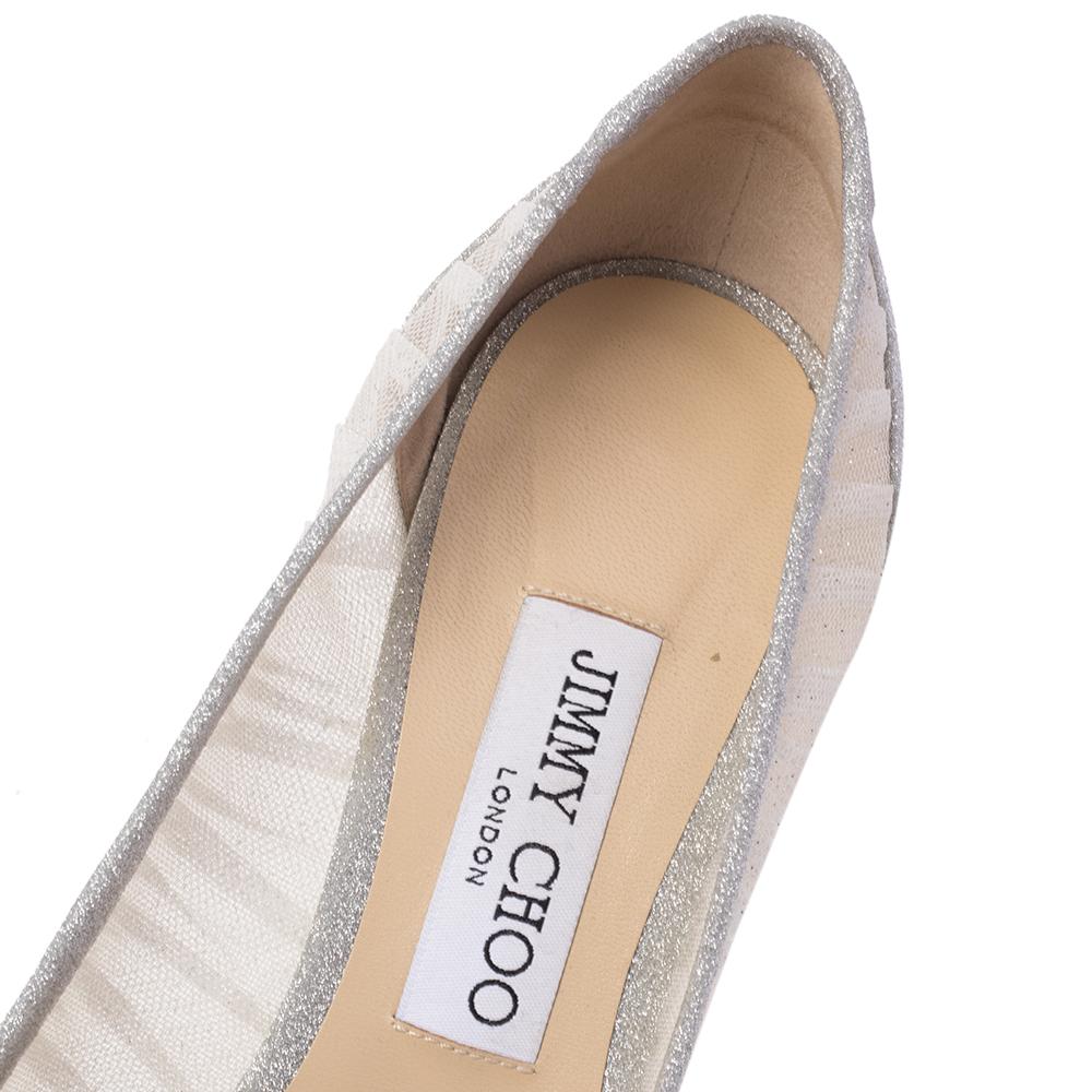 Jimmy Choo Silver/White Mesh and Glitter Fabric Tulle Love Pumps Size 39.5 1