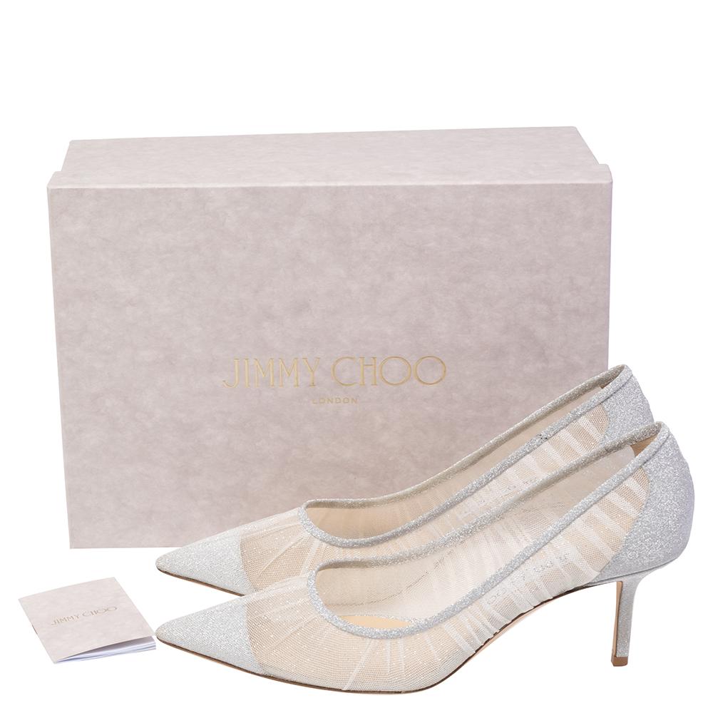 Jimmy Choo Silver/White Mesh and Glitter Fabric Tulle Love Pumps Size 39.5 3