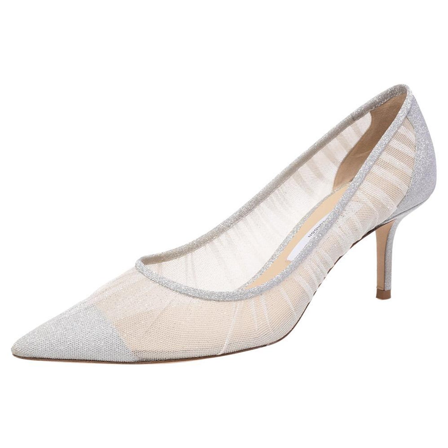 Choo Silver/White Mesh and Glitter Fabric Tulle Love Pumps Size For Sale at 1stDibs