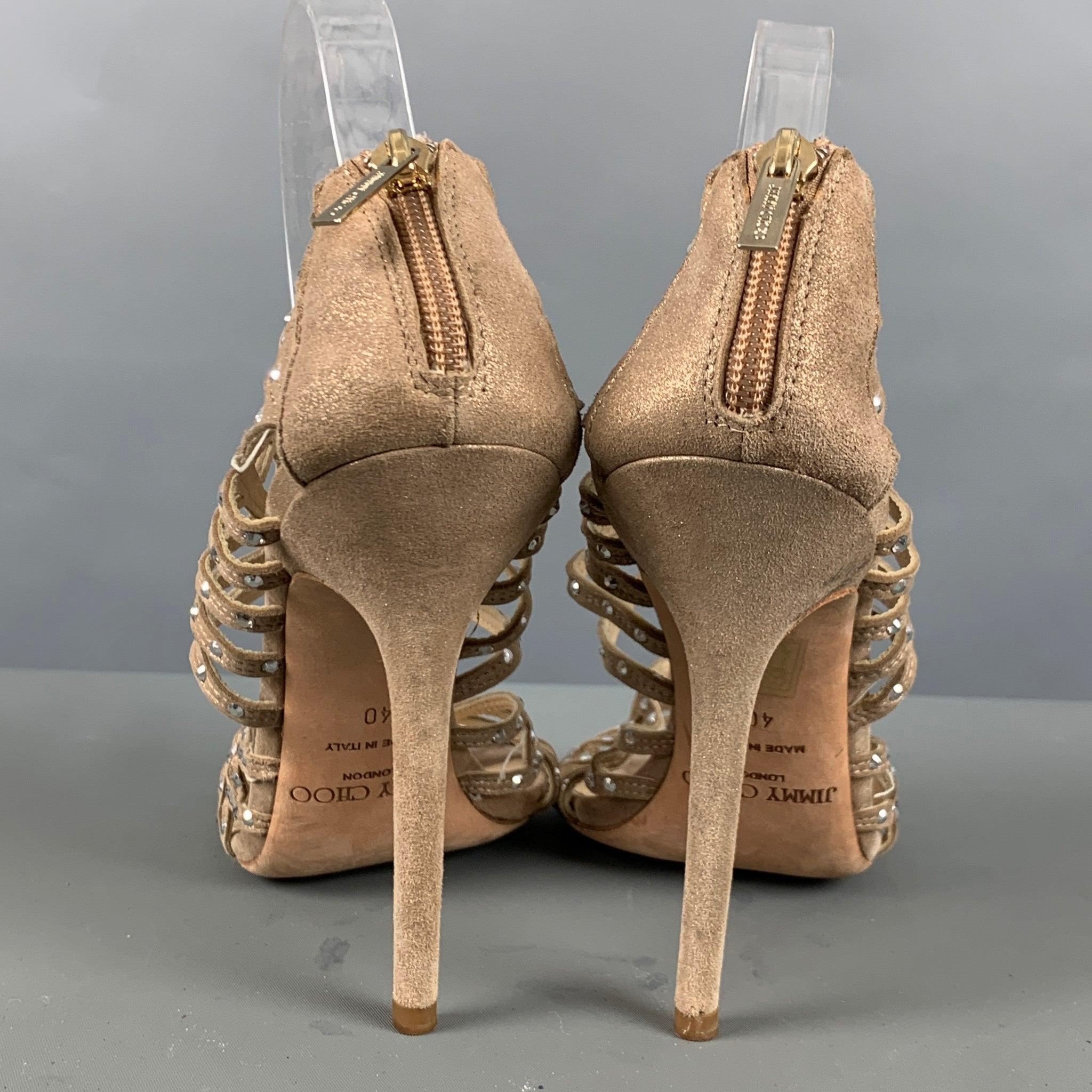 JIMMY CHOO Size 10 Beige Gold Suede Rhinestones Ankle Sandals In Good Condition For Sale In San Francisco, CA