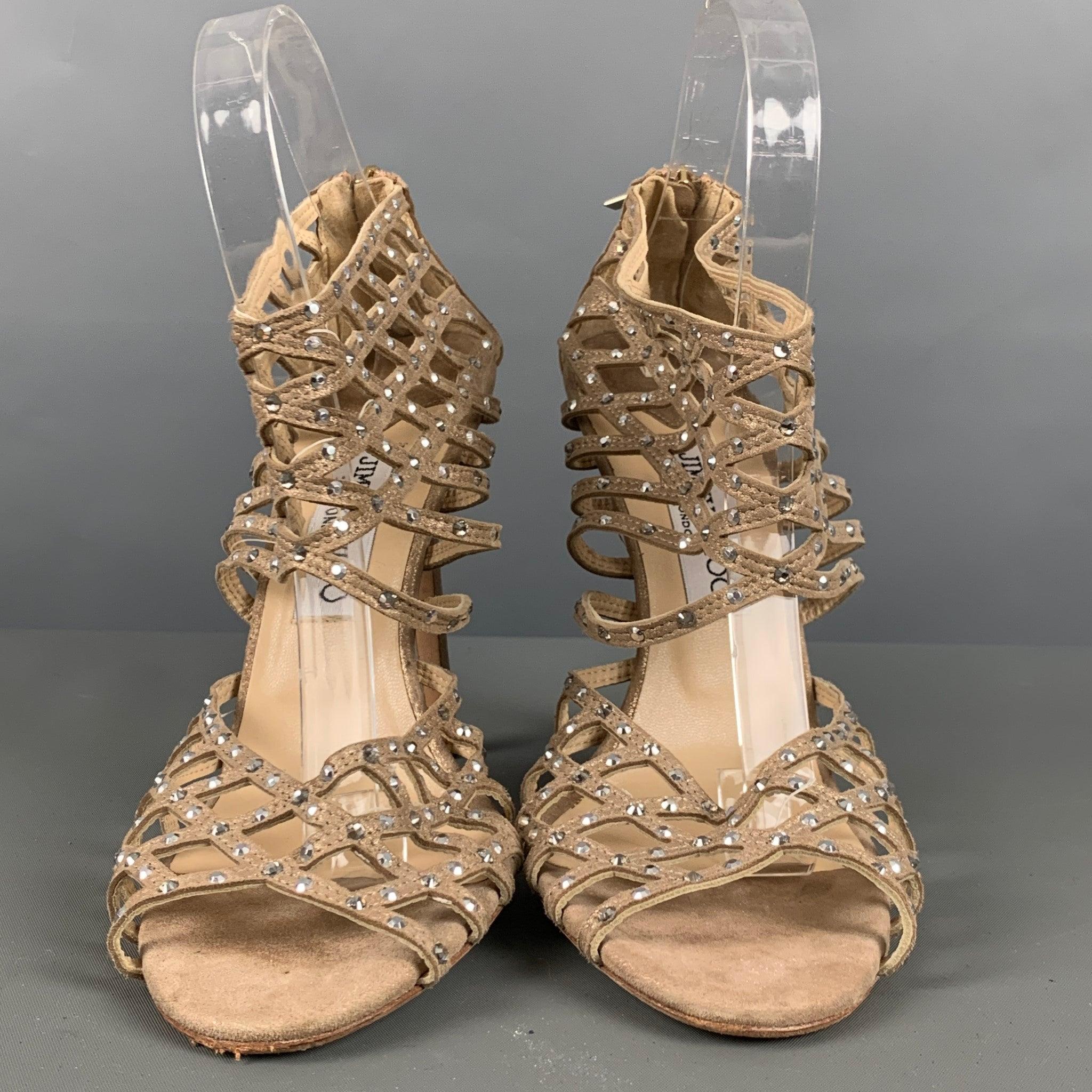 Women's JIMMY CHOO Size 10 Beige Gold Suede Rhinestones Ankle Sandals For Sale