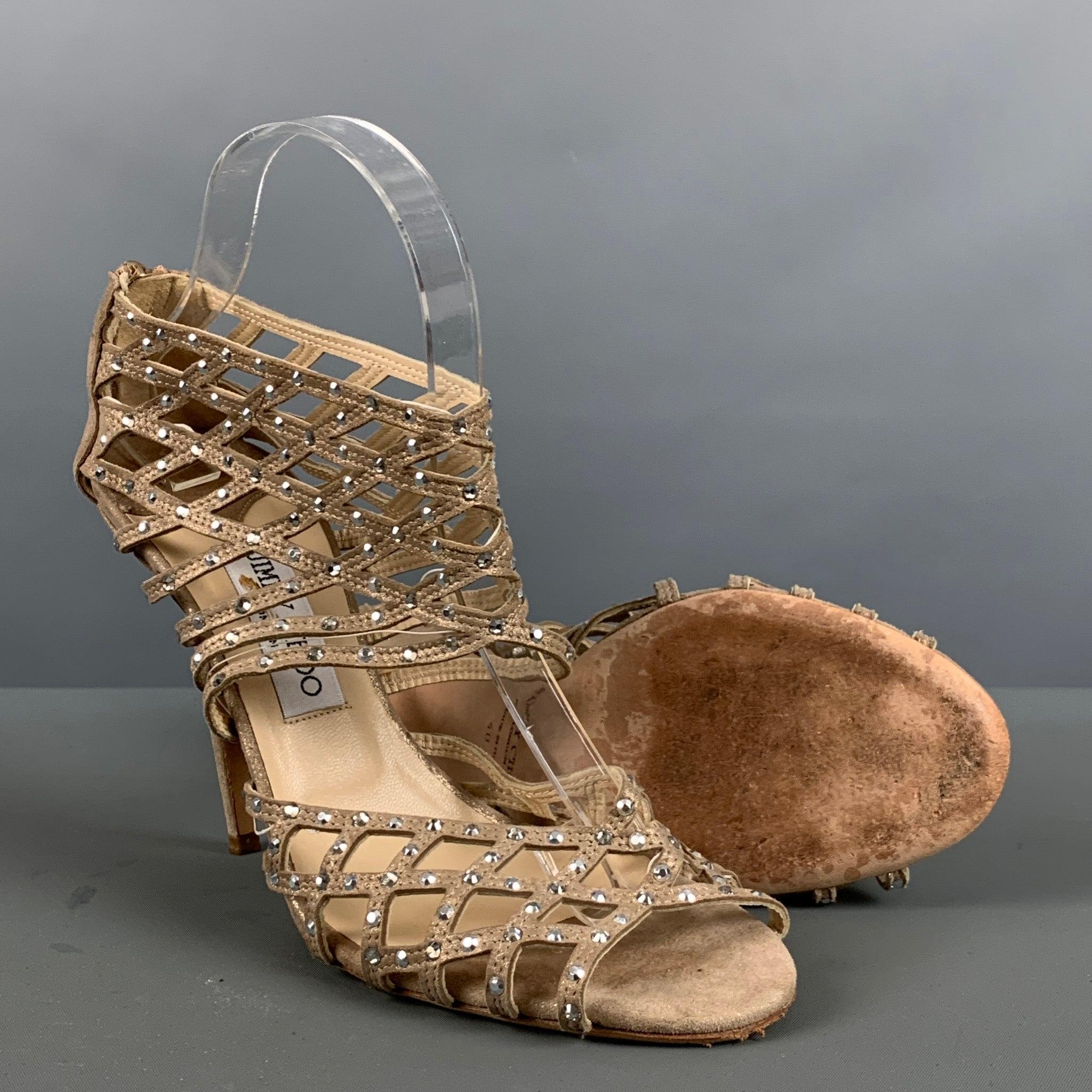 JIMMY CHOO Size 10 Beige Gold Suede Rhinestones Ankle Sandals For Sale 1