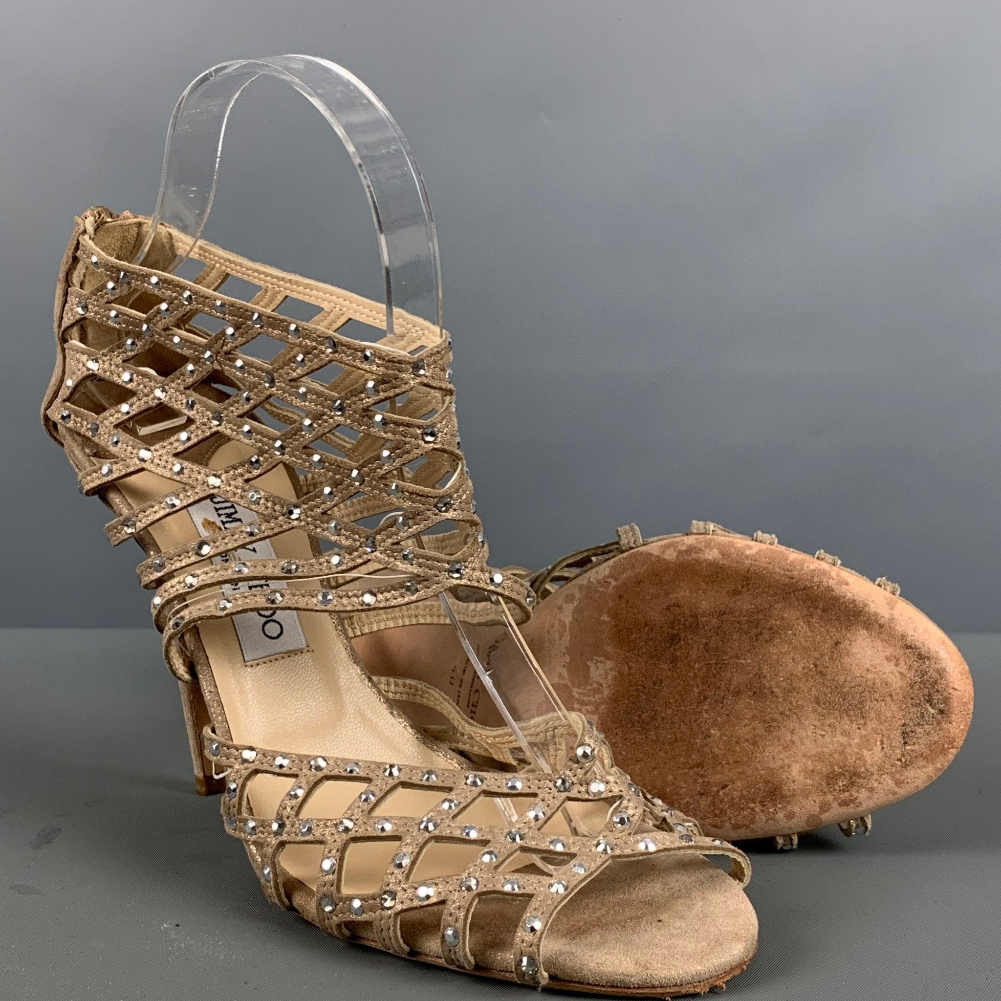 JIMMY CHOO Size 10 Beige Gold Suede Rhinestones Ankle Sandals For Sale 2