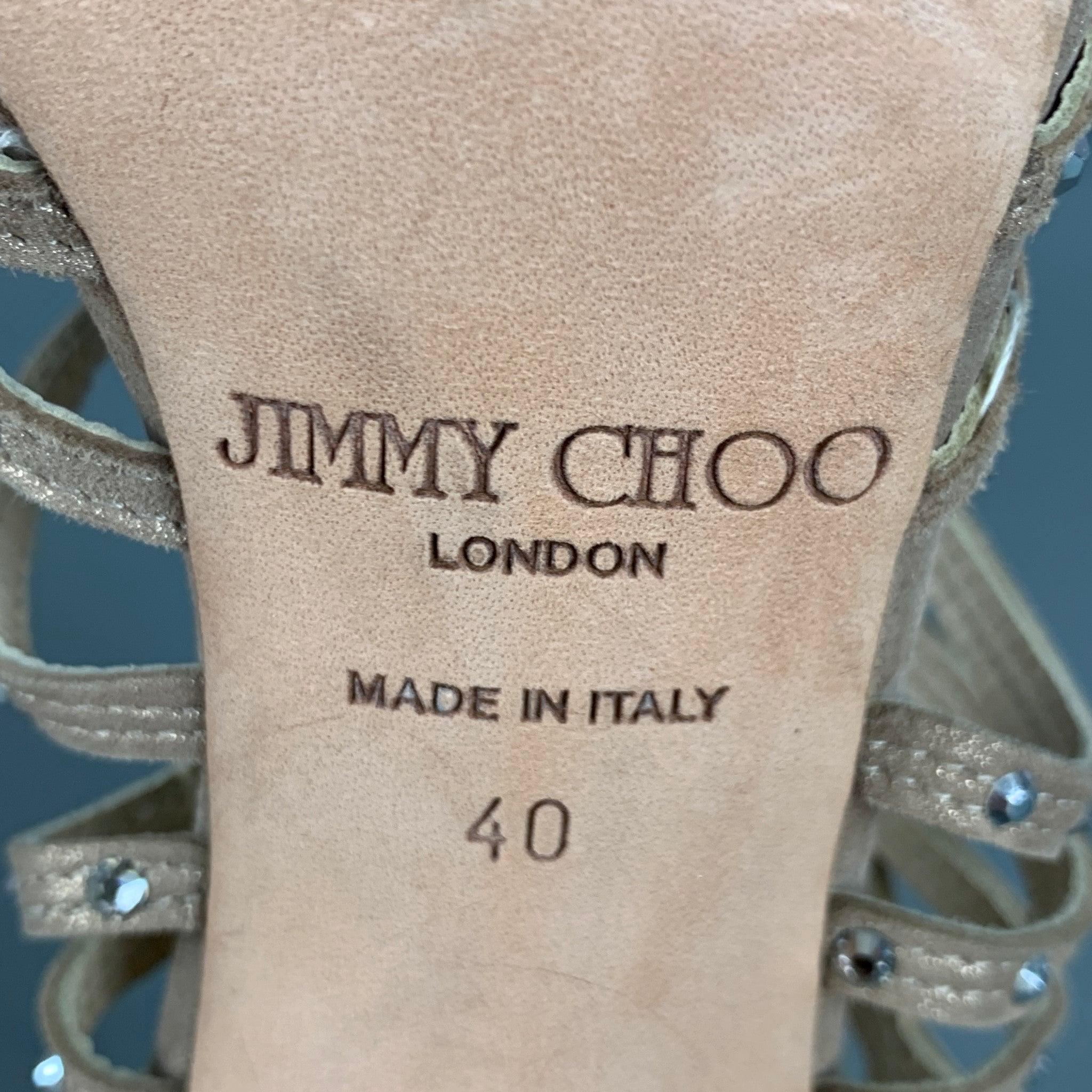 JIMMY CHOO Size 10 Beige Gold Suede Rhinestones Ankle Sandals For Sale 4