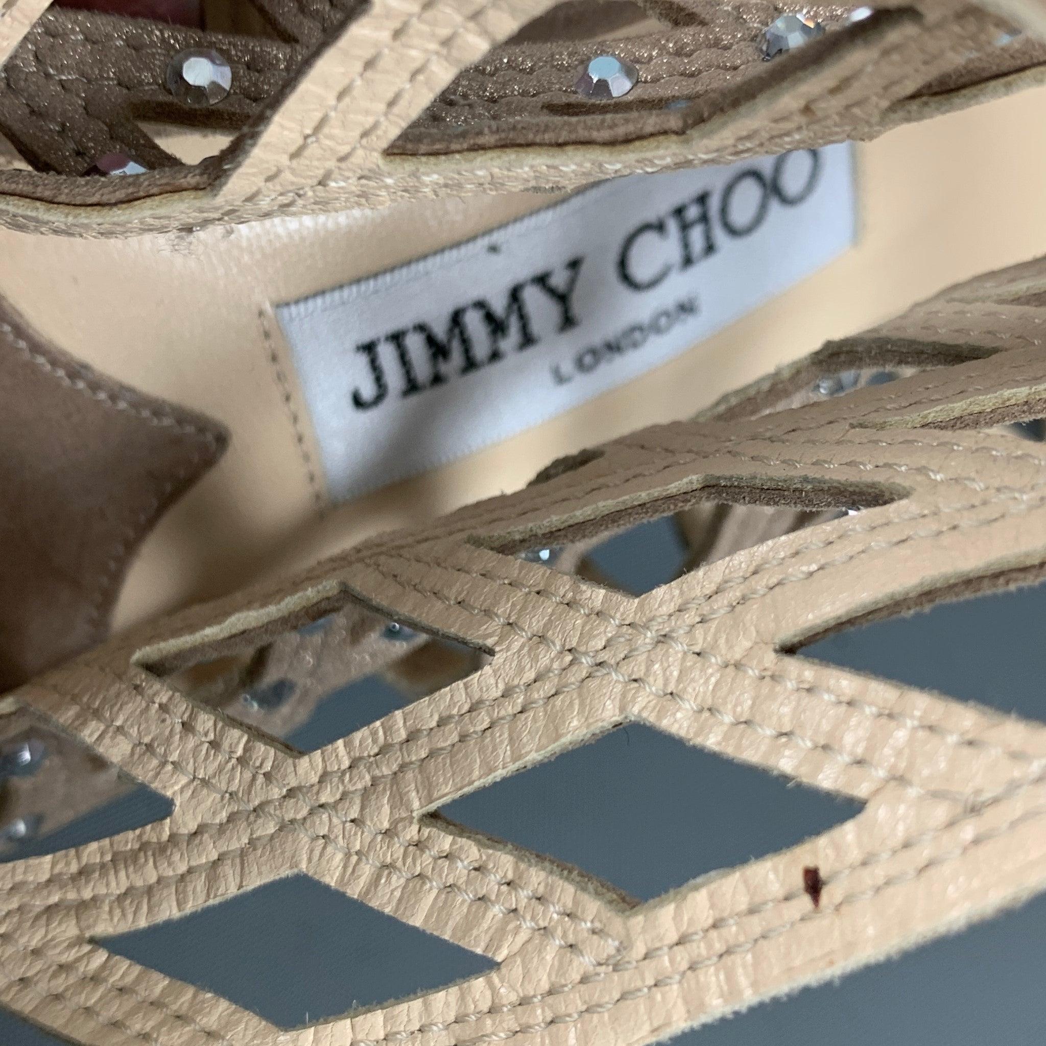 JIMMY CHOO Size 10 Beige Gold Suede Rhinestones Ankle Sandals For Sale 5