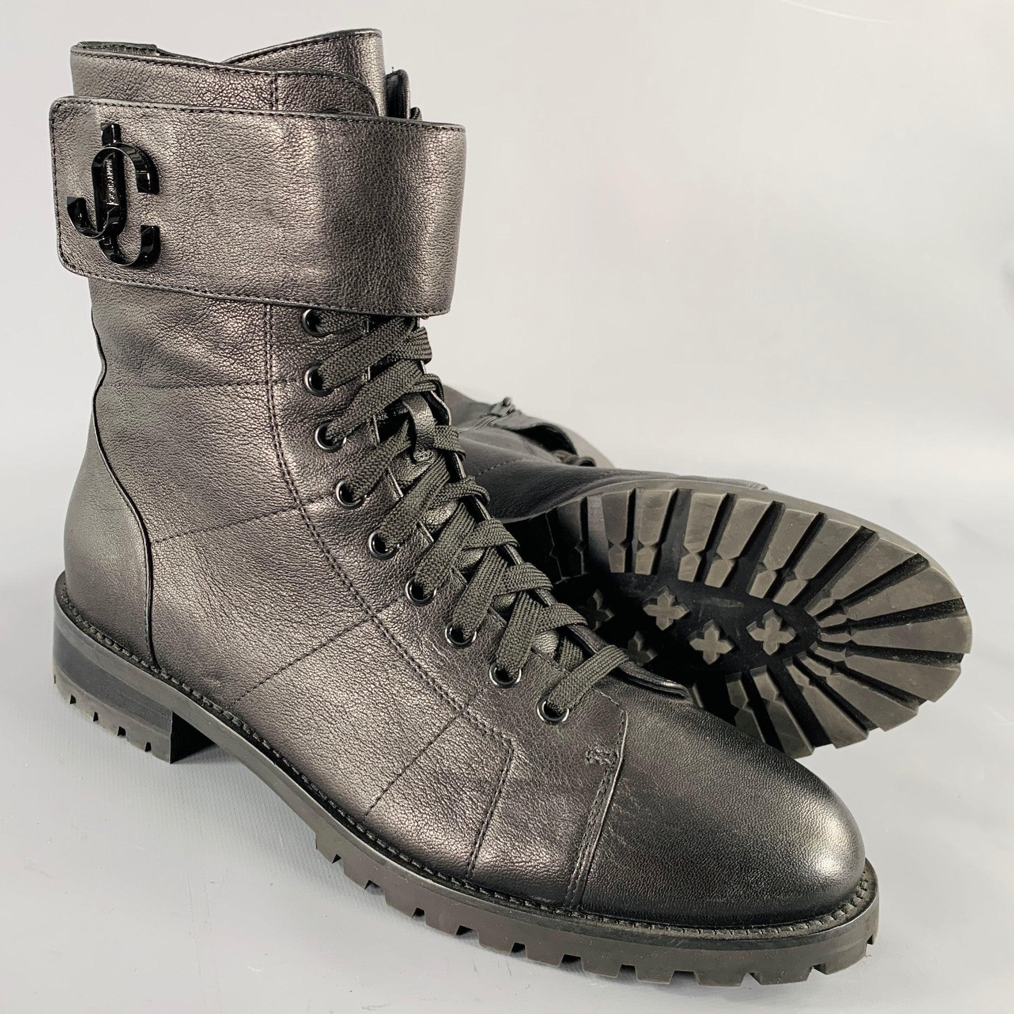 JIMMY CHOO Size 10 Black Leather Zip Lace-Up Boots For Sale 1