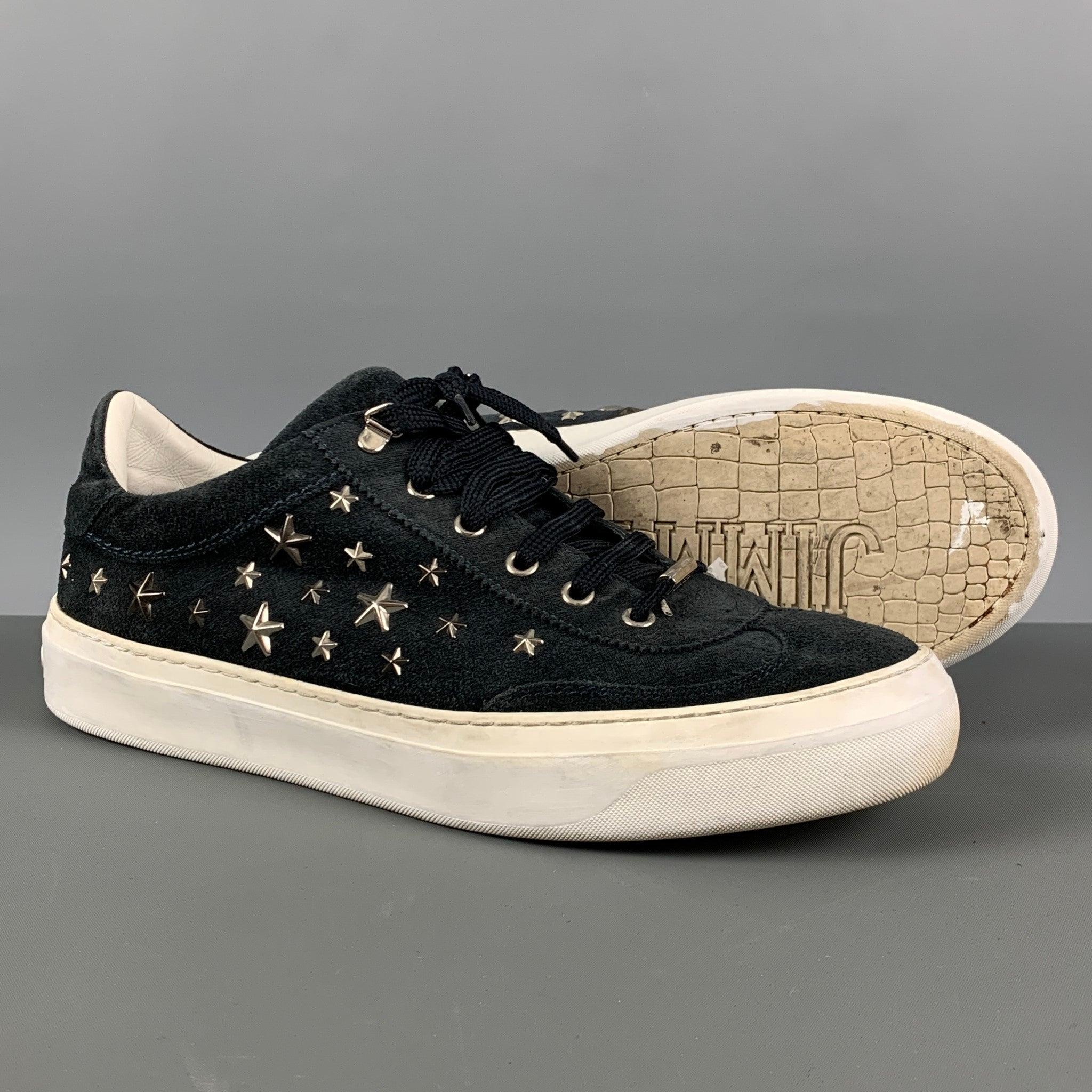 JIMMY CHOO Size 10 Navy Silver Studded Suede Sneakers For Sale 1