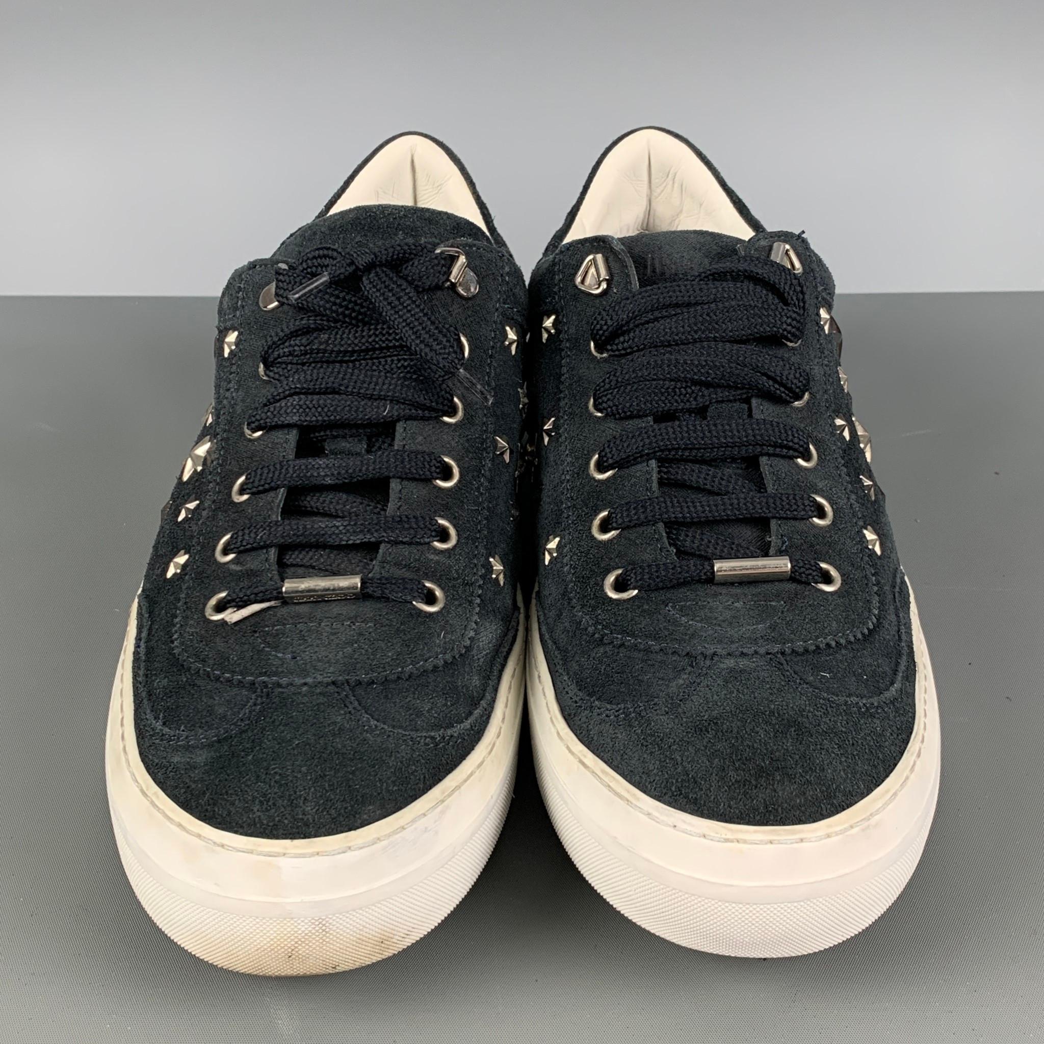 JIMMY CHOO Size 10 Navy Silver Studded Suede Sneakers In Good Condition In San Francisco, CA