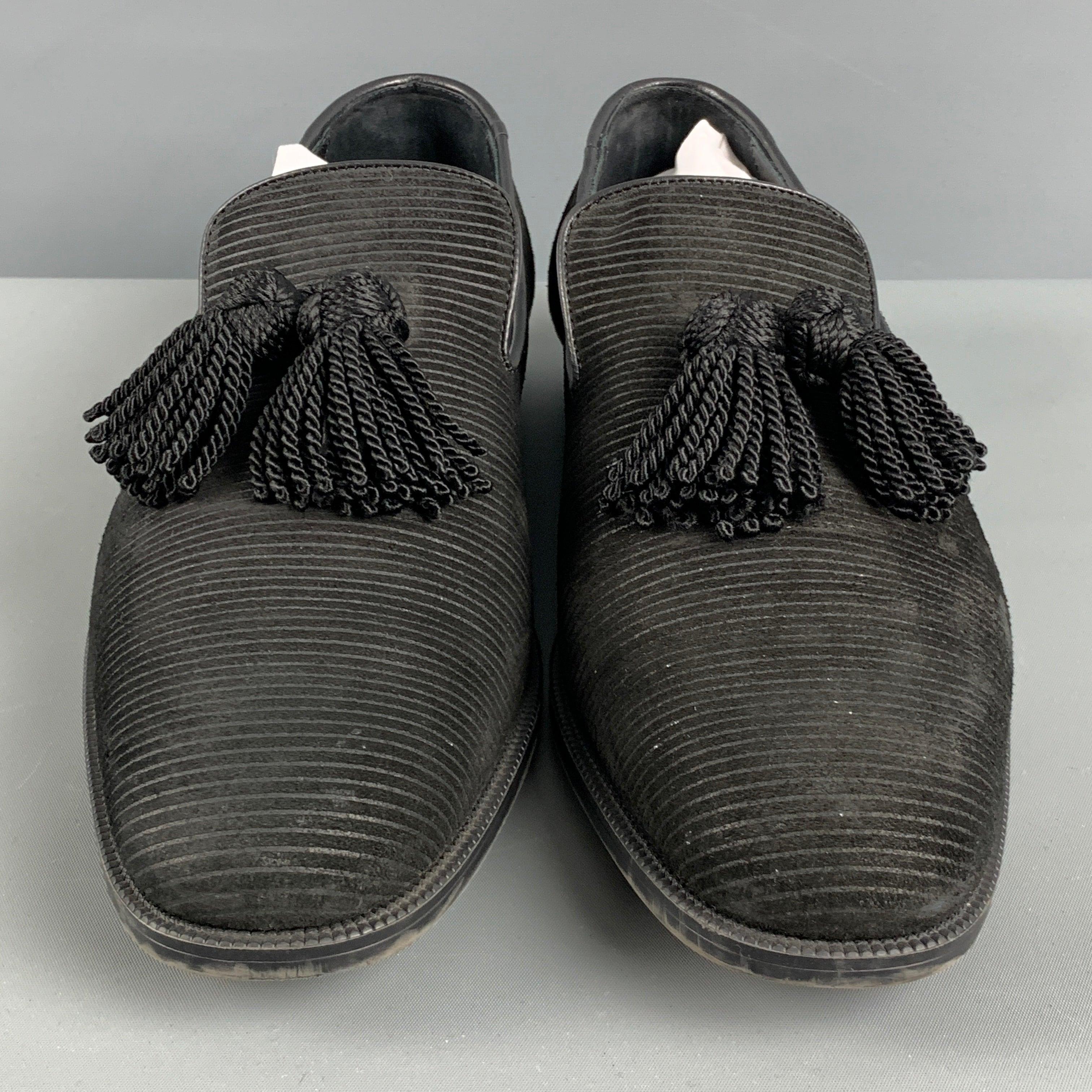 Men's JIMMY CHOO Size 10.5 Black Stripe Suede Tassels Loafers For Sale