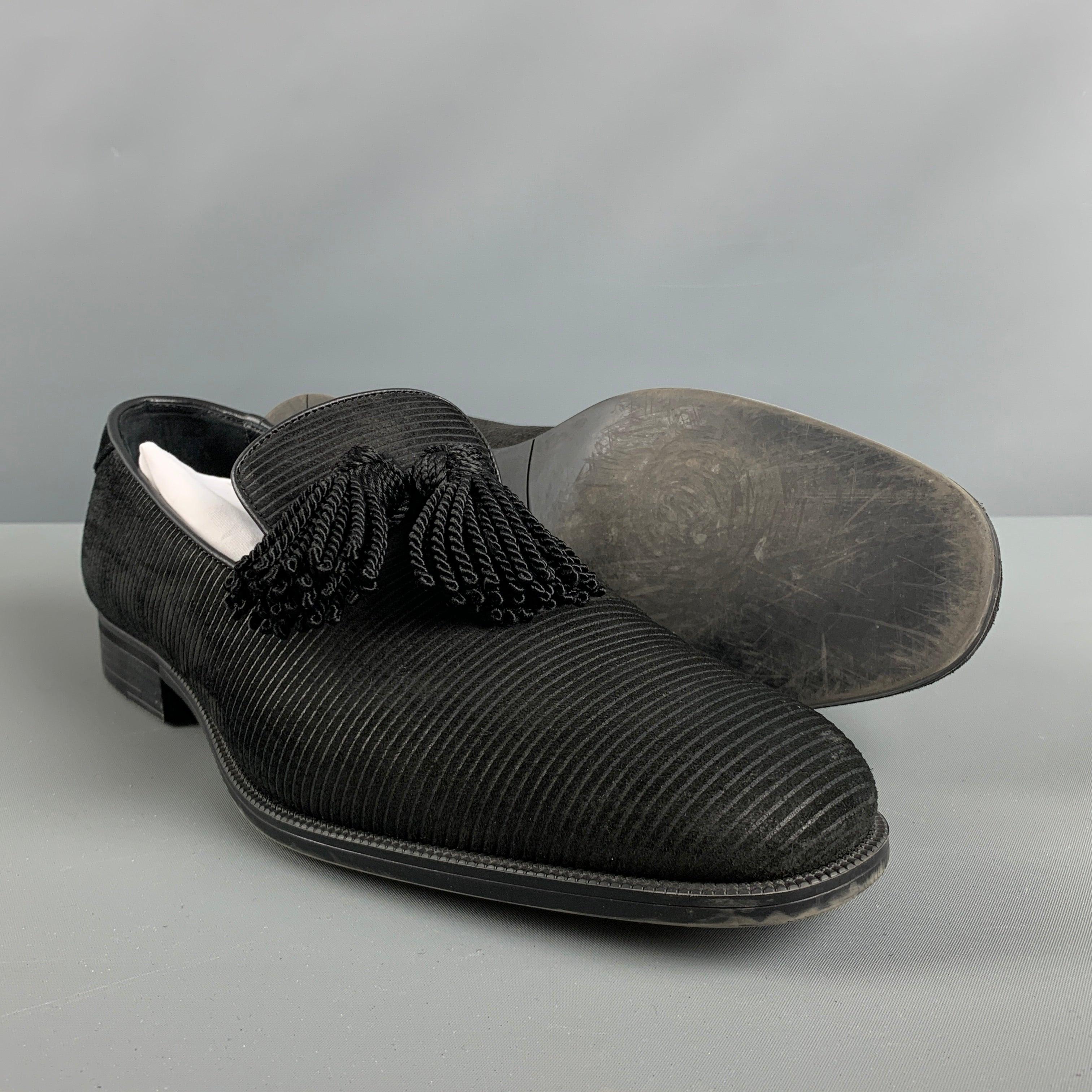 JIMMY CHOO Size 10.5 Black Stripe Suede Tassels Loafers For Sale 1