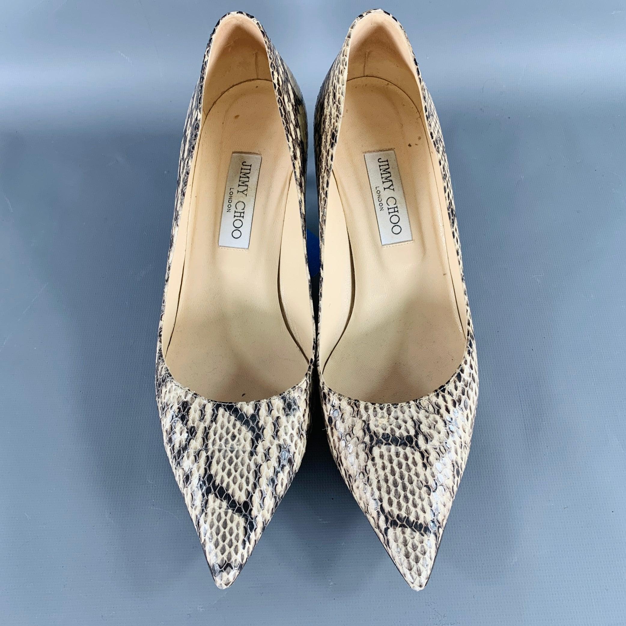 JIMMY CHOO Size 11 Grey Cream Python Skin Kitten Heel Pumps In Excellent Condition In San Francisco, CA
