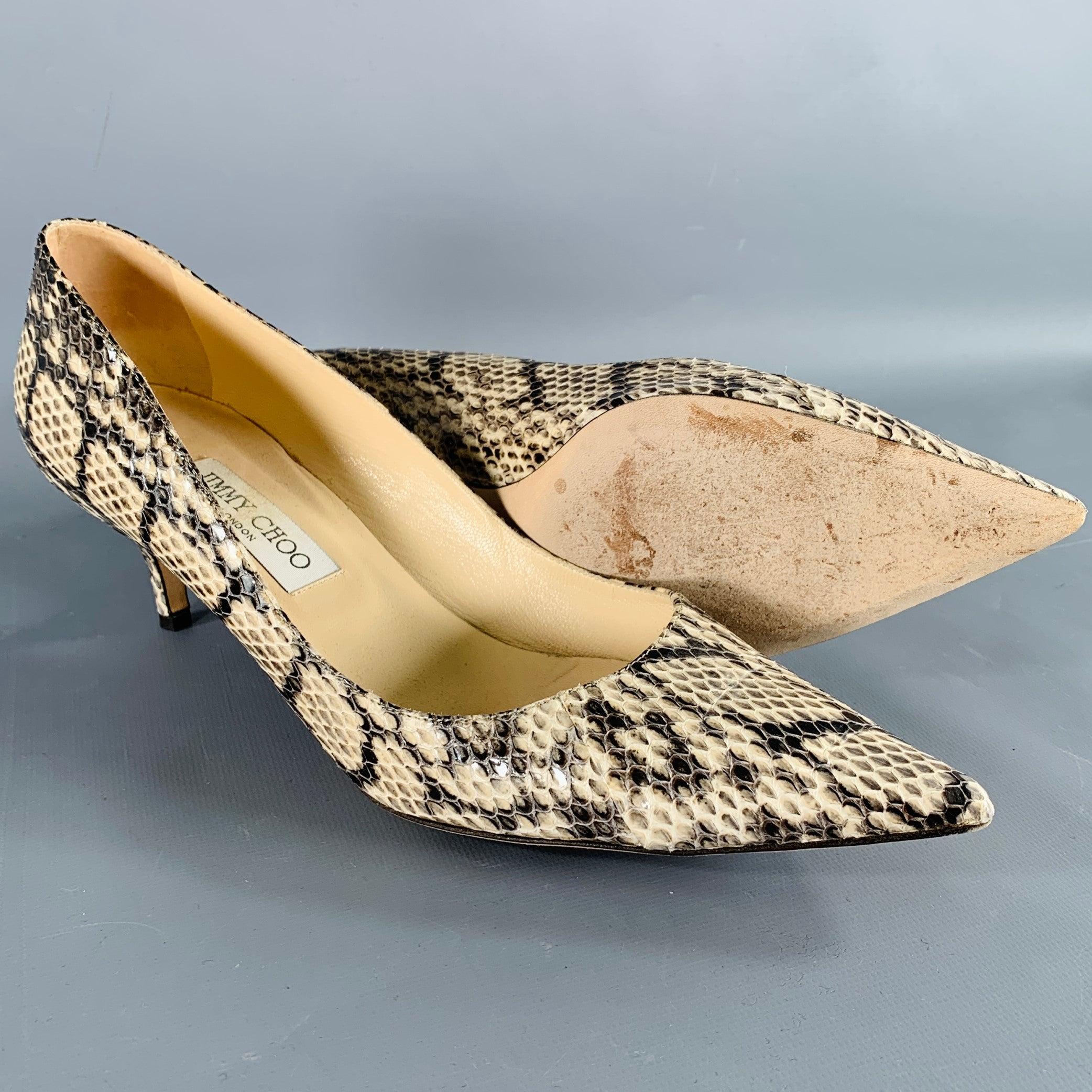 Women's JIMMY CHOO Size 11 Grey Cream Python Skin Kitten Heel Pumps