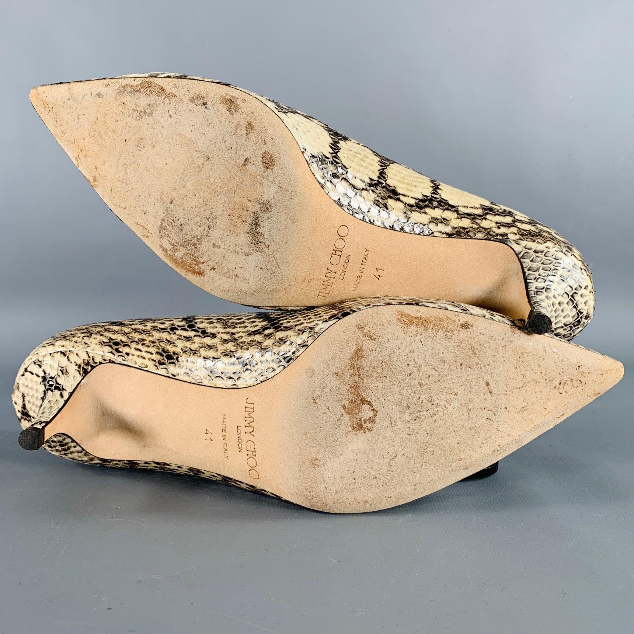 JIMMY CHOO Size 11 Grey Cream Python Skin Kitten Heel Pumps 1