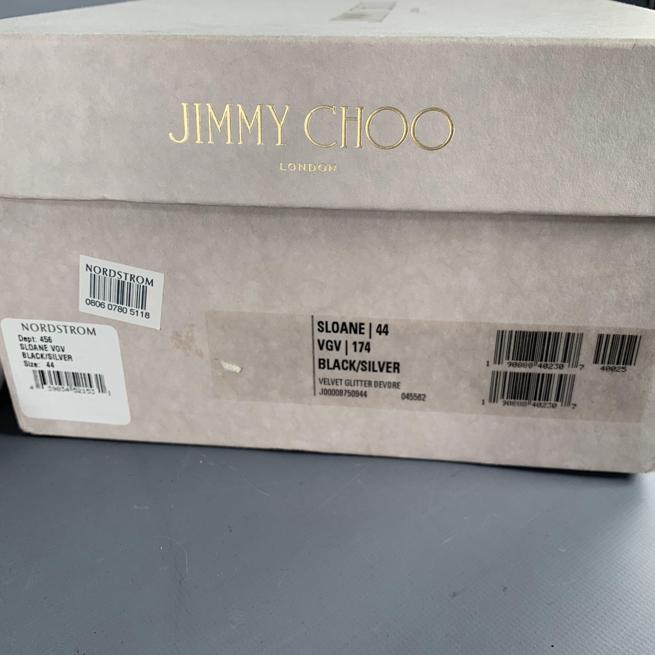 JIMMY CHOO Size 11 Velvet Glitter Devore Sloan Black Silver Slip On Loafers en vente 5